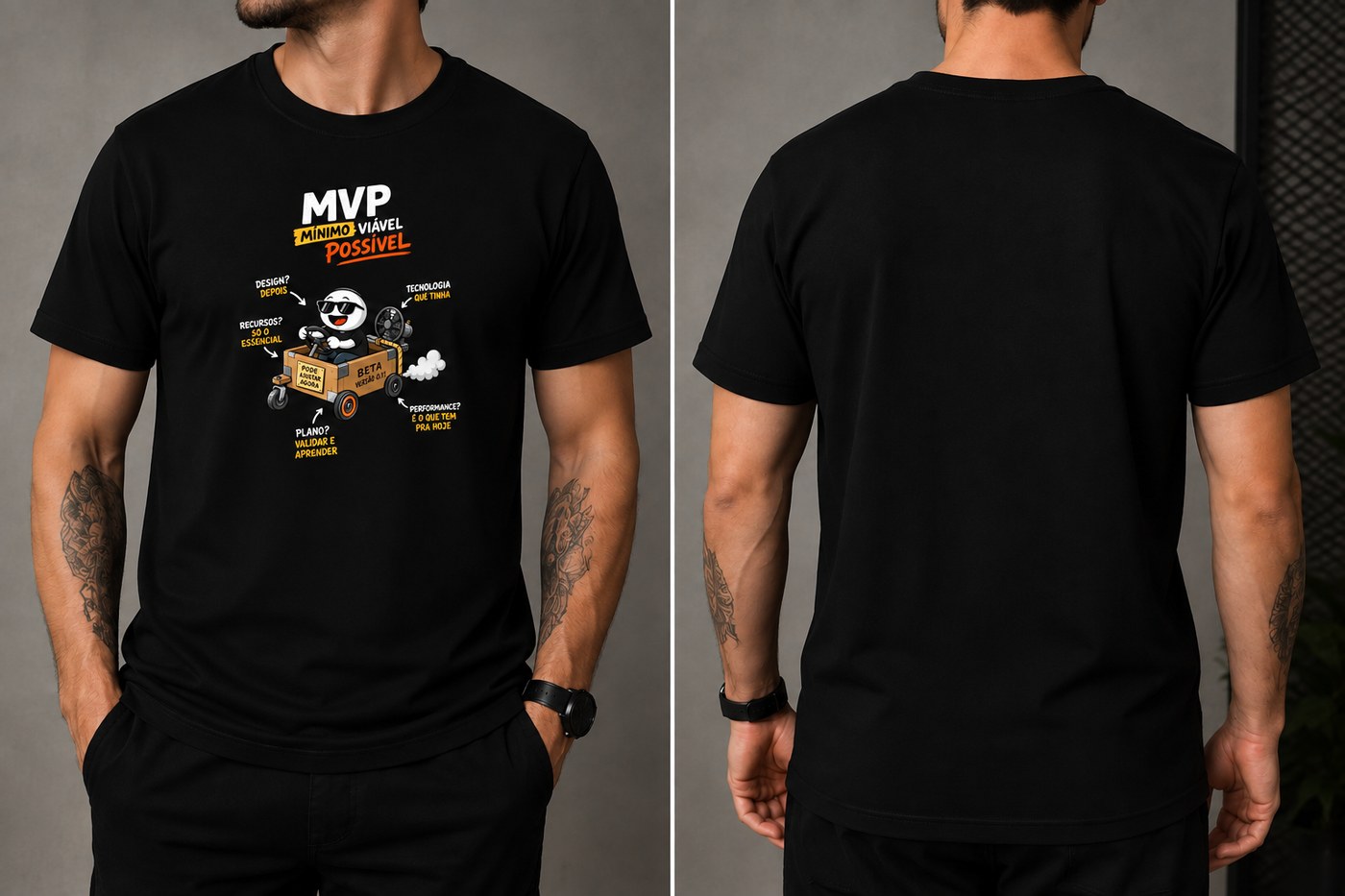 Camiseta Tecnolodia com a estampa Camiseta MVP — Mínimo Viável Possível