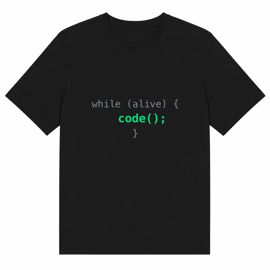 Camiseta preta com a estampa Camiseta while (alive) code()